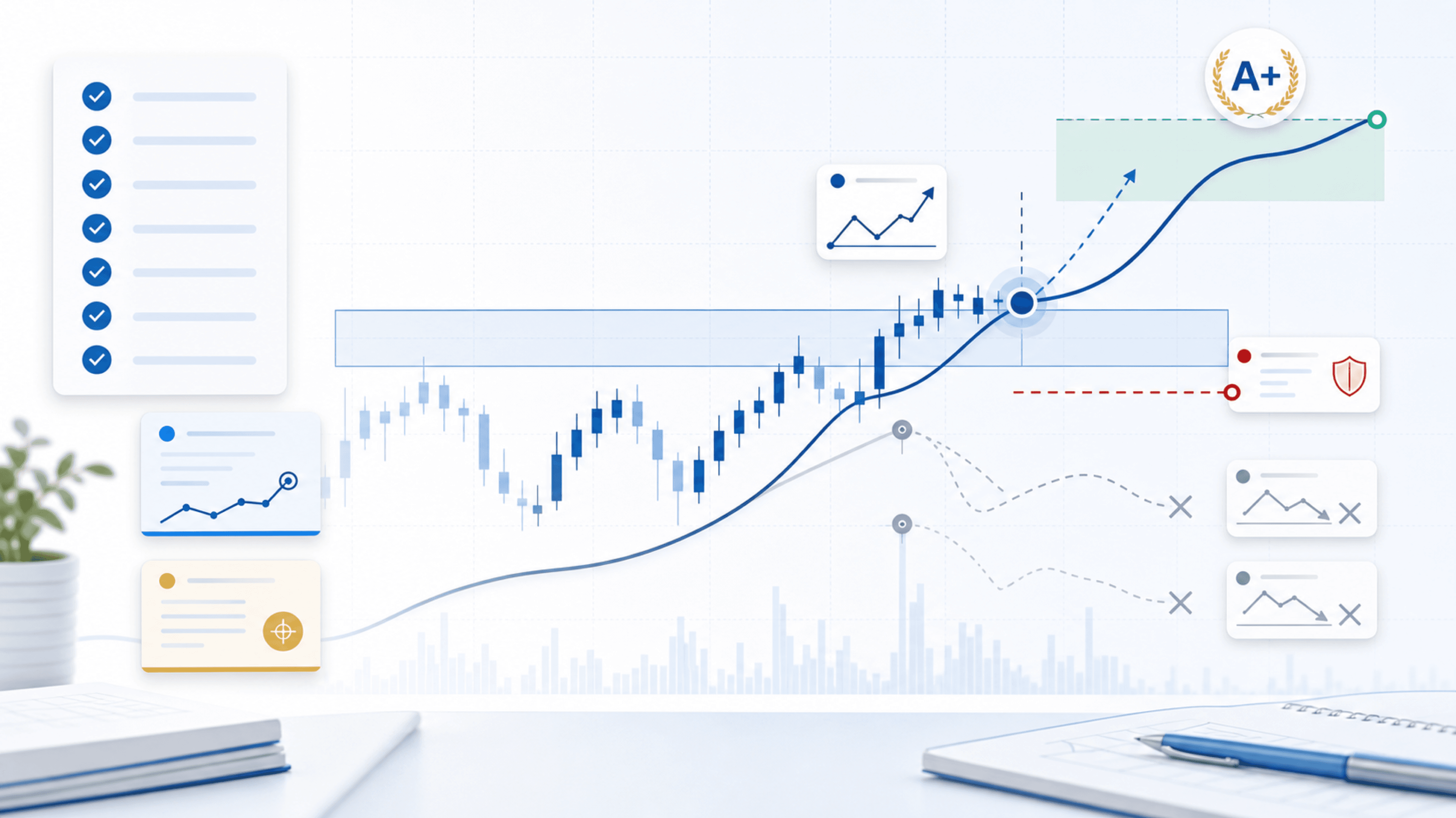 A+ trade setup checklist showing a valid chart entry with rejected B and C trade paths.