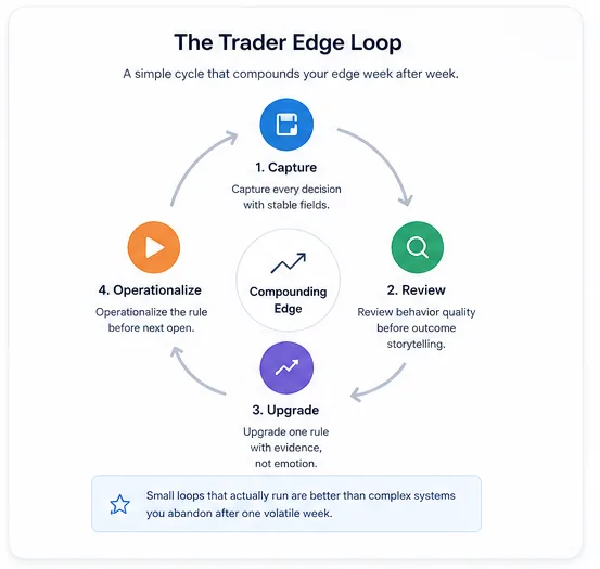 Trader Edge Loop overview showing how chart analysis becomes a repeatable weekly improvement cycle.