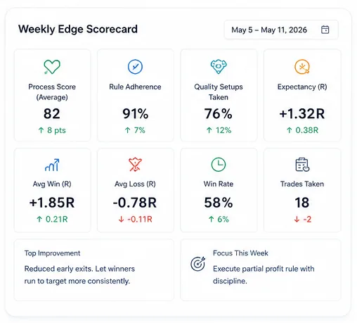 Weekly edge scorecard tracking adherence and execution consistency trend over time.