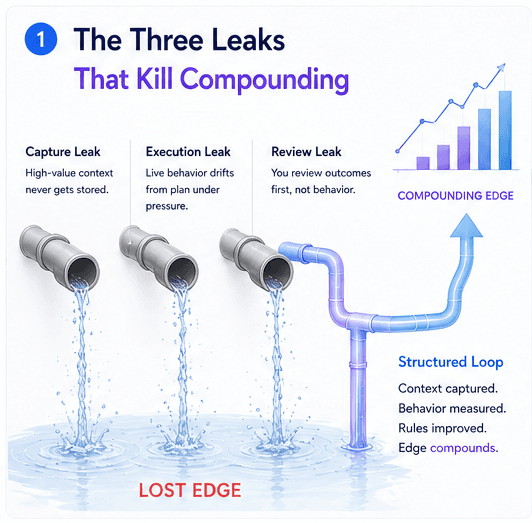 Diagram showing capture leak, execution leak, and review leak draining edge before a structured loop restores compounding.