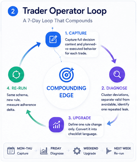 Trader operator loop diagram with four phases: capture, diagnose, upgrade, and rerun.