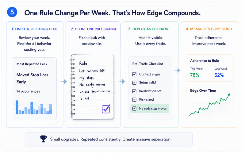 One rule change per week framework showing find leak, define rule, deploy checklist, and measure adherence compounding.