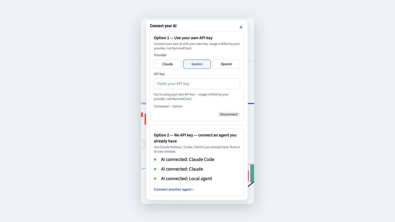 MyLinedChart's Connect your AI panel, offering your own API key or an agent already running.